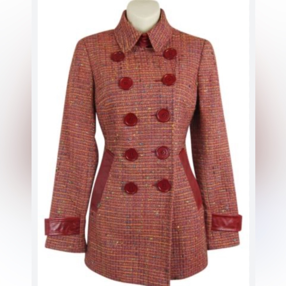 Vintage Bebe Red Tweed Double-Breasted Pea Coat Blazer with Leather Trim
